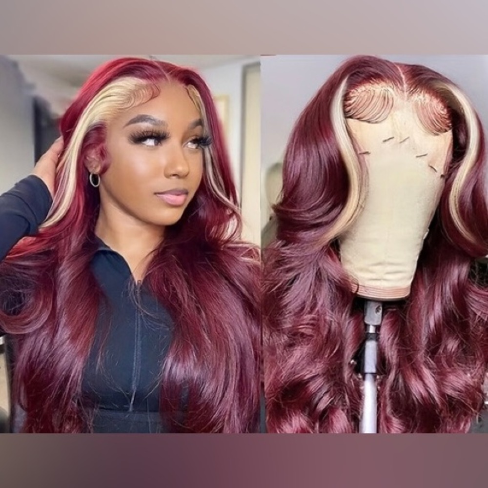 💕 SHEN 22” 99J Skunk Stripe Burgundy Blonde Lace Front Human Hair Wig *NEW*